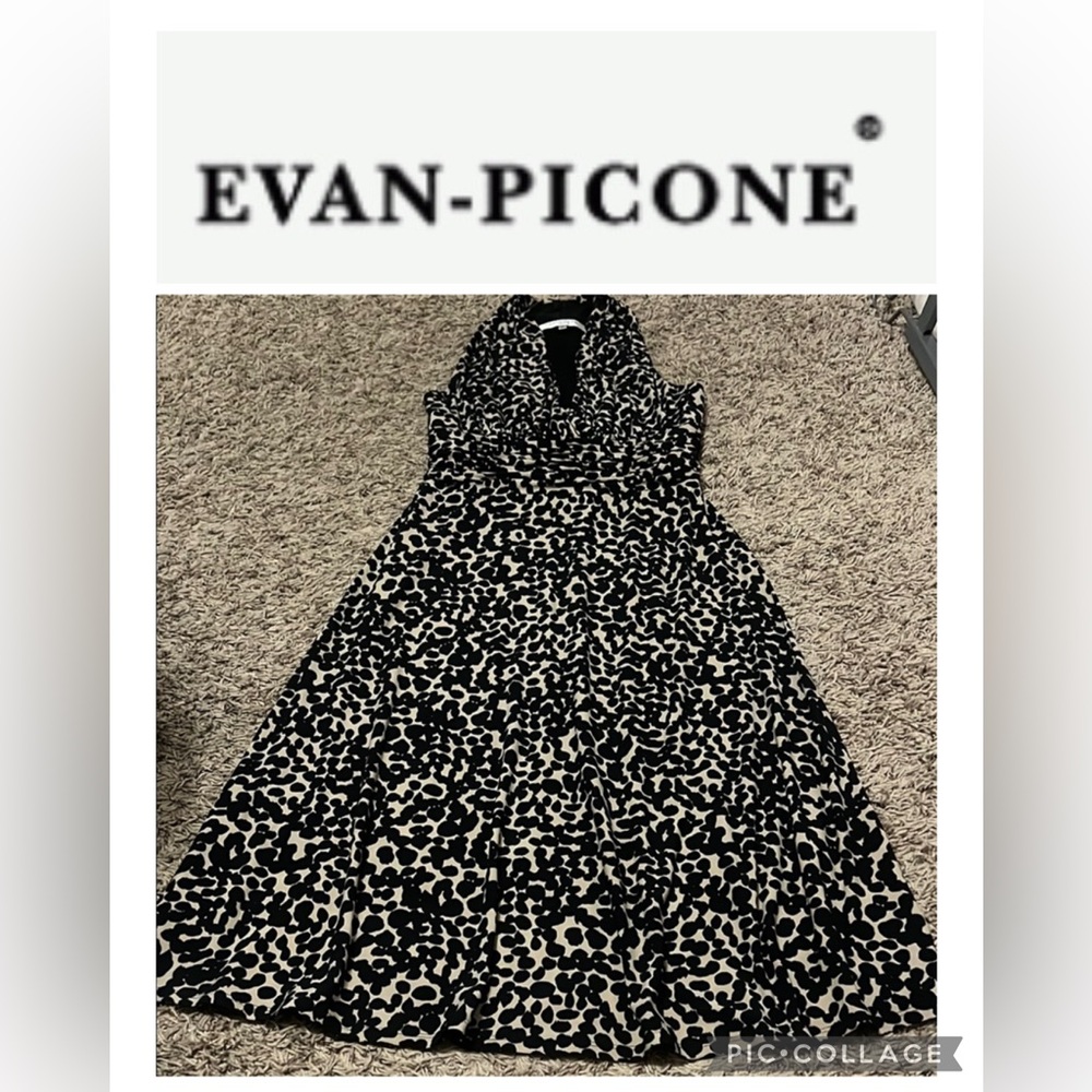 Evan Picone Black and Tan Leopard Print Pleated Maxi Dress with Cowl Neck